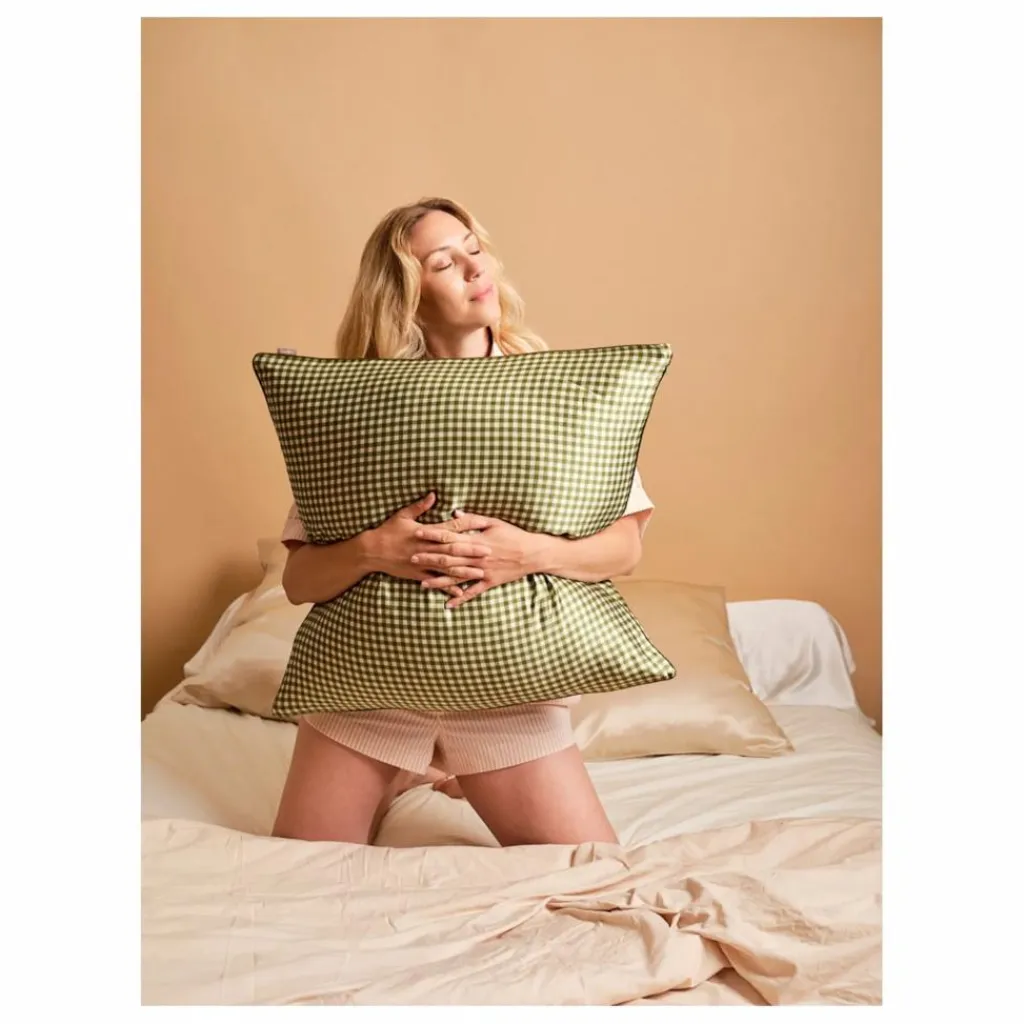 New Taie d'oreiller en soie de mûrier imprimé Vichy | Femme Linge De Lit|Soins Des Cheveux